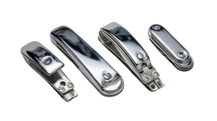 Stylish chrome nail clippers set on white isolated background.