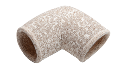 Textured beige elbow joint pipe for plumbing applications, white isolated background.