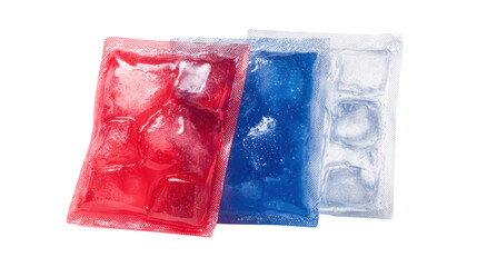 Three colorful ice packs in red, blue, and clear isolated on white background.