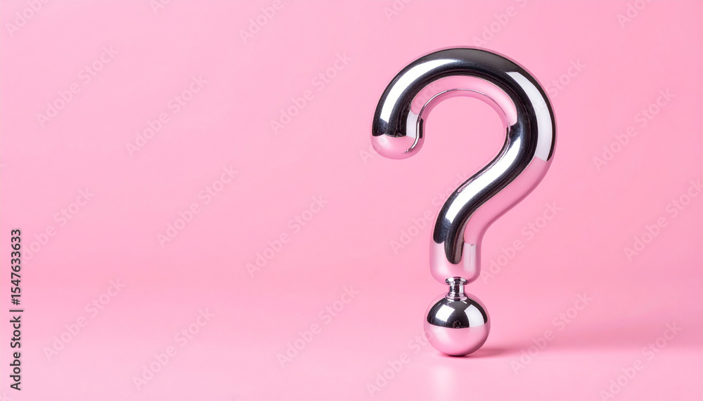Poster shiny silver color question mark made of metal chrome on pink. faq and qa. problem solution.