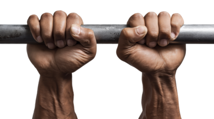 Two hands gripping a barbell tightly, conveying strength and determination.
