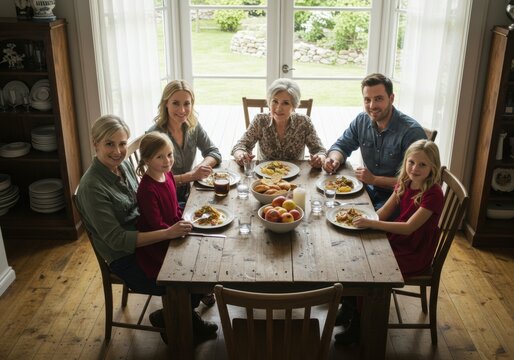 A joyful multi-generational family of six, including children, parents, and grandparents, share a pleasant meal at a rustic dining table.