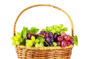 Bunches of green and red juicy grapes with leaves in a basket. Isolated on white.