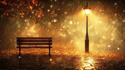Autumnal park bench bathed in the warm glow of a streetlamp during a rainy night.
