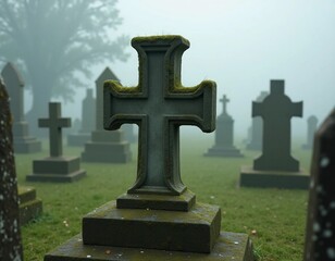 Amidst the ethereal fog, a moss-covered cross looms over forgotten graves in an abandoned cemetery, where nature intertwines with memory and silence reigns Generative AI