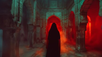 Veiled figure walking toward viewer through ornate Islamic temple corridor with dramatic red and green atmospheric lighting creating mysterious ambiance - Powered by Adobe