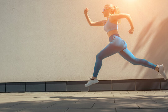 Woman Jogging on Sunny Summer Day in the City. Active woman in her forties jogging outdoors along a city street. Sportswear, running, energy. Healthy lifestyle, urban fitness, self-care 