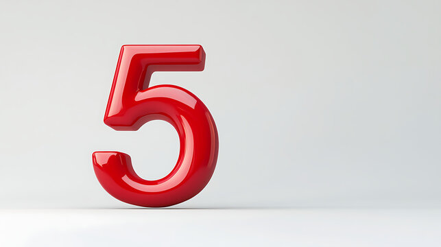 A shiny red number five standing upright on a white surface against a plain light background