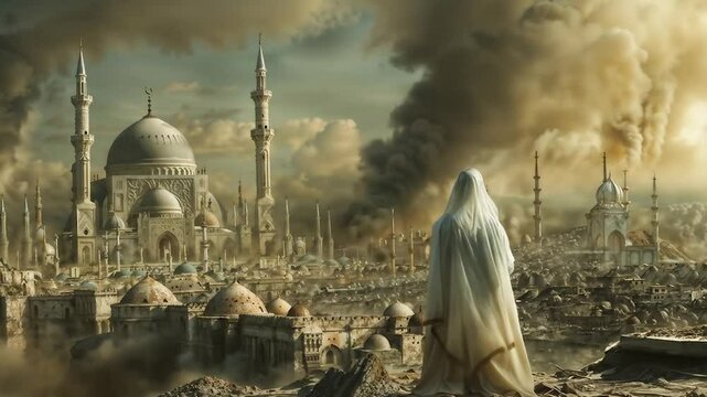 Veiled woman overlooking burning Islamic city under siege with grand mosque, domes and minarets engulfed in smoke and flames during historic battle. Epic cinematic landscape of the fall of an empire