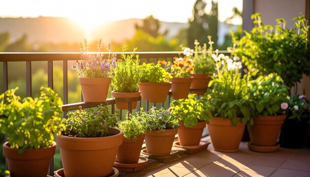 Balcony garden with terracotta pots and vibrant herbs bathed in golden sunlight