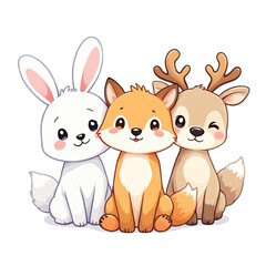 Fototapeta premium Cute Cartoon Animals: Rabbit, Fox and Deer Friends