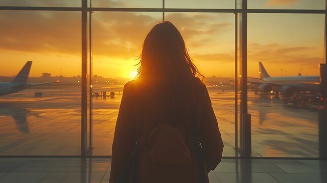 Young woman waiting at airport terminal watching golden sunset over airplanes
