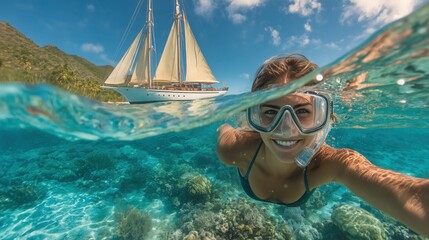 A split-shot underwater photograph captures a young female snorkeler swimming in crystal-clear turquoise waters, with a white sailboat above.