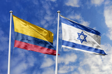 Colombia and Israel flags waving harmoniously against a vivid blue sky, symbolizing international...