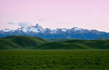 Prairie and Snow Mountain Scenery