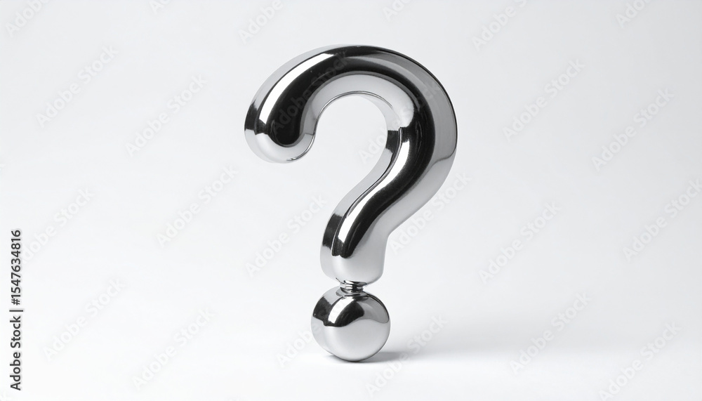 Poster shiny silver color question mark made of metal chrome on white. faq and qa. problem solution.