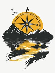 The compass shows the sides of the world against the background of beautiful nature.