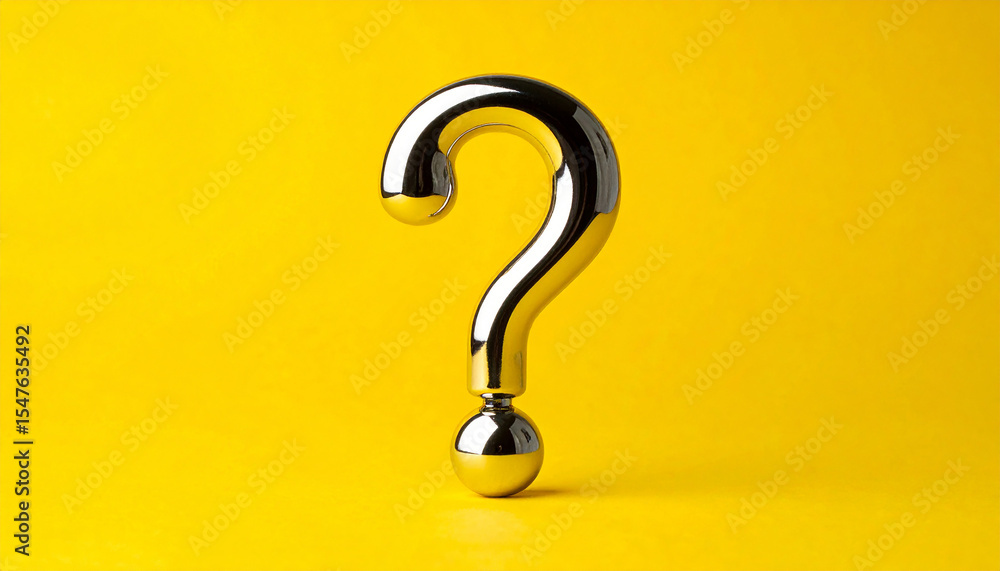 Poster shiny silver color question mark made of metal chrome on yellow. faq and qa. problem solution.