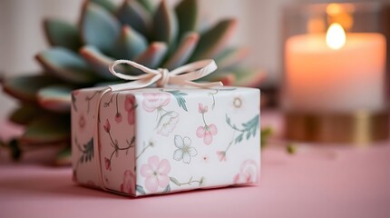 A small gift box with a floral design is presented next to a lit candle and a succulent plant on a pink surface