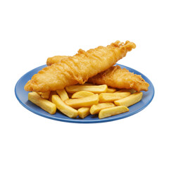 Crispy fried fish fillets served with golden chips on a blue plate, appetizing meal