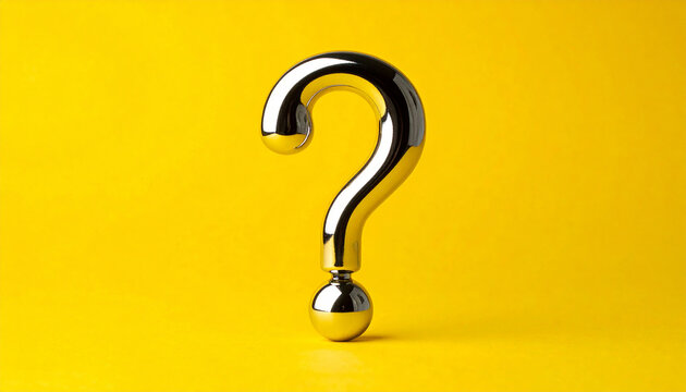 Shiny silver color question mark made of metal chrome on yellow. FAQ and QA. Problem solution.