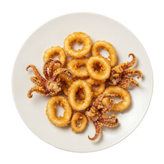 Crispy fried calamari rings and whole octopus on a white plate, garnished and ready to serve