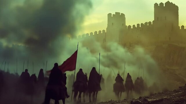 Muslim cavalry charge against Christian fortress during reconquista holy wars with hooded warriors wielding spears under ominous battlefield atmosphere