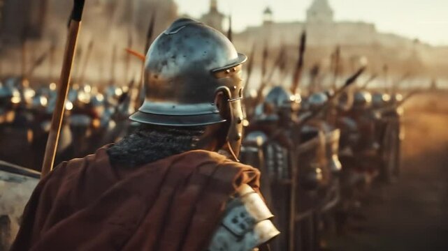 Roman legionnaire commander surveying vast army formation with disciplined soldiers holding spears and standards preparing for ancient battlefield conquest at sunset. Ancient war