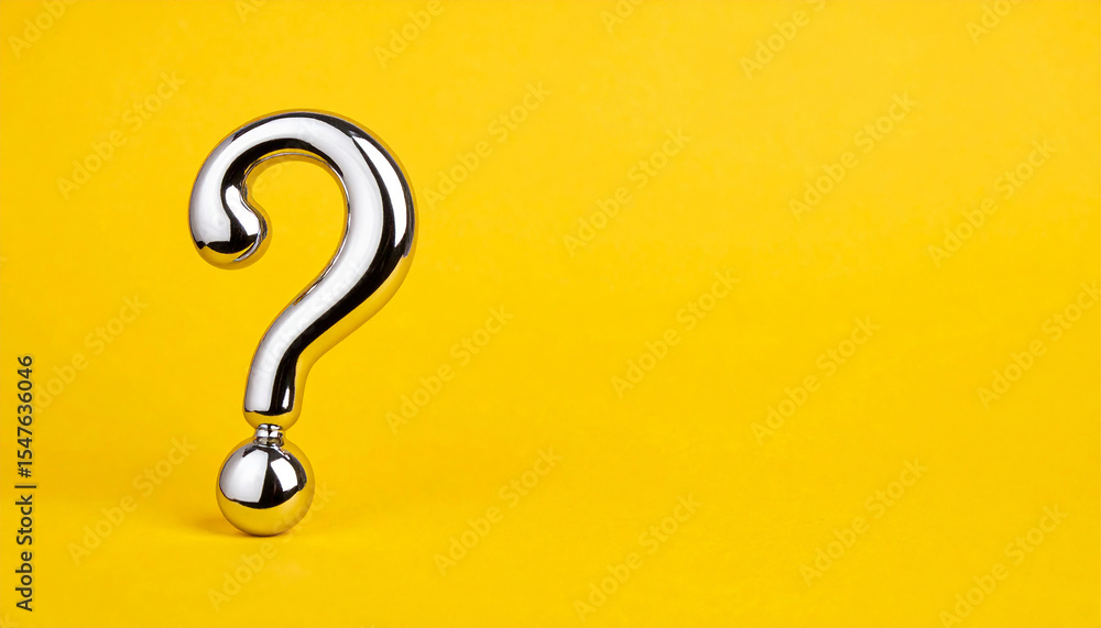 Poster shiny silver color question mark made of metal chrome on yellow. faq and qa. problem solution.