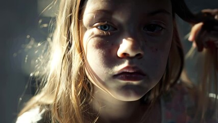 Spoiled blonde child with manipulative expression and demanding gaze displaying entitled attitude and bratty behavior in dramatic lighting