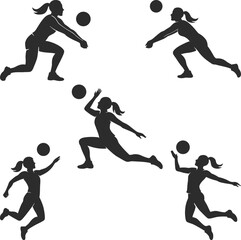 Silhouette illustration of female volleyball players in various dynamic playing positions.
