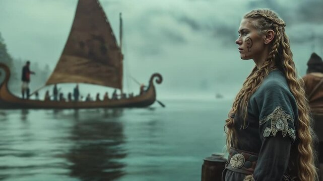 Viking longship sailing through misty fjord waters with braided blonde woman in profile in traditional Nordic costume watching from shoreline. Northern history