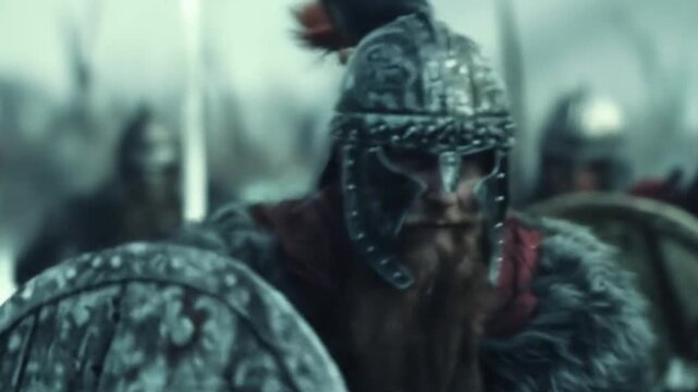 Medieval warrior with beard in chainmail armor wielding sword during intense battle, as fierce barbarian tribal warfare and combat in historical conflict scene. Viking or celtic warrior against Rome