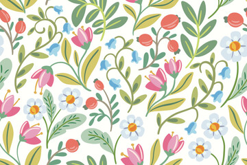 Seamless floral pattern, abstract ditsy print, cute natural ornament in decorative folk style. Pretty botanical design of small hand drawn wild flowers, leaves. Vector illustration.