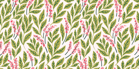 Seamless floral pattern, abstract wallpaper textile print in cute nature motif. Pretty botanical surface design of small hand drawn wild flowers, tiny green leaves, simple plants. Vector illustration.