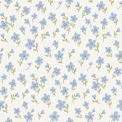 Seamless floral pattern, liberty ditsy print in delicate country motif. Cute botanical design, repeating pattern in pastel colors. Small blue flowers, tiny leaves on white field. Vector illustration.