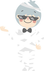 happy halloween holiday festival with boy wearing mummy costume, flat png illustration cartoon character design