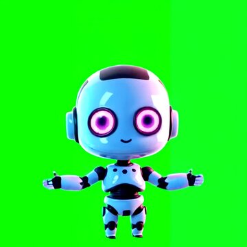 Medium shot of a cute futuristic smiling robot character with glowing pink eyes on a green screen background