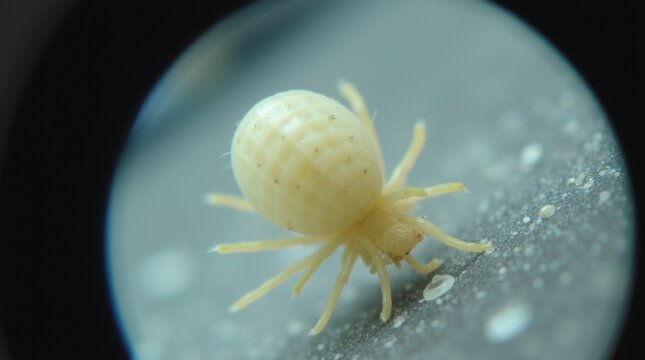 Pale cream dust mite with rounded body and tiny hairs, seen under microscope, scientific observation, laboratory background, no people.