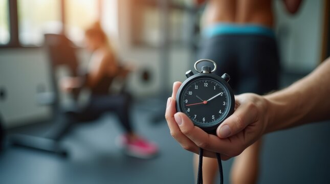 Stopwatch in trainer’s hand, gym gear and moving client blurred behind, indoor fitness training, focused atmosphere.