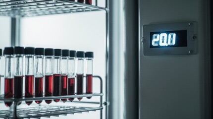 Blood collection tubes on metal racks in lab refrigerator, digital temperature readout, clinical background, empty right side for copy.