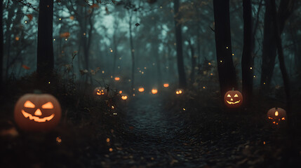 Jack o lanterns glowing in a dark forest path on a foggy halloween night creating a spooky atmosphere