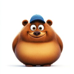 Fototapeta premium Happy Chubby Brown Bear Cartoon Character Smiling in Blue Cap