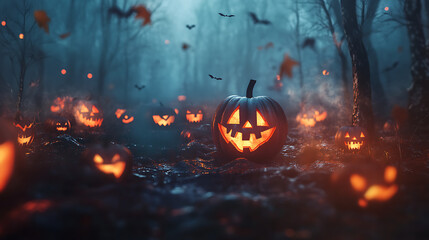 Illuminated jack o lanterns in a foggy forest with bats flying for a halloween night scene