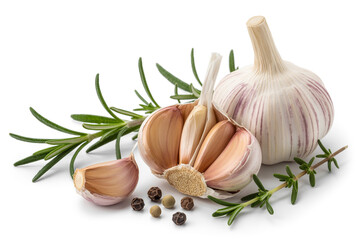 Fresh garlic cloves and herbs isolated on white background