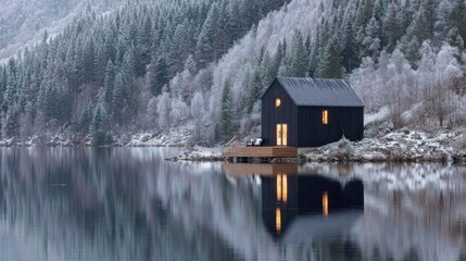 Dark Cabin on Snowy Lake with Mountain Reflections