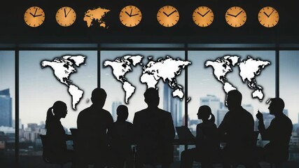 Business meeting with global clocks and silhouettes in background - Powered by Adobe