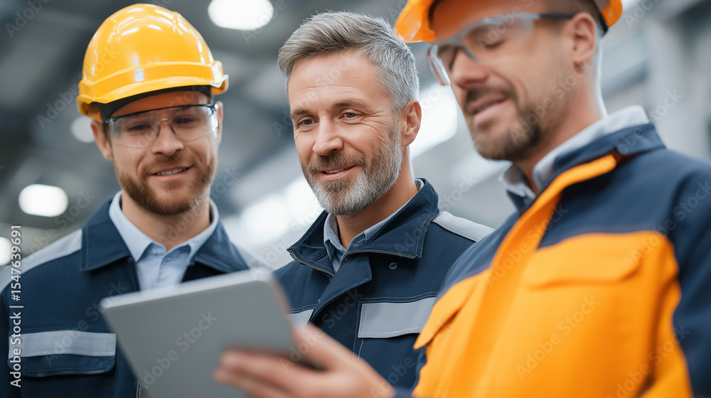 Aufkleber engineers collaborating in a pipe manufacturing factory using a tablet