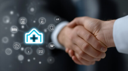 Modern health management concept with professionals collaborating over digital tablet and virtual medical icons, healthcare integration, digital health, hospital icon, medical technology, insurance 