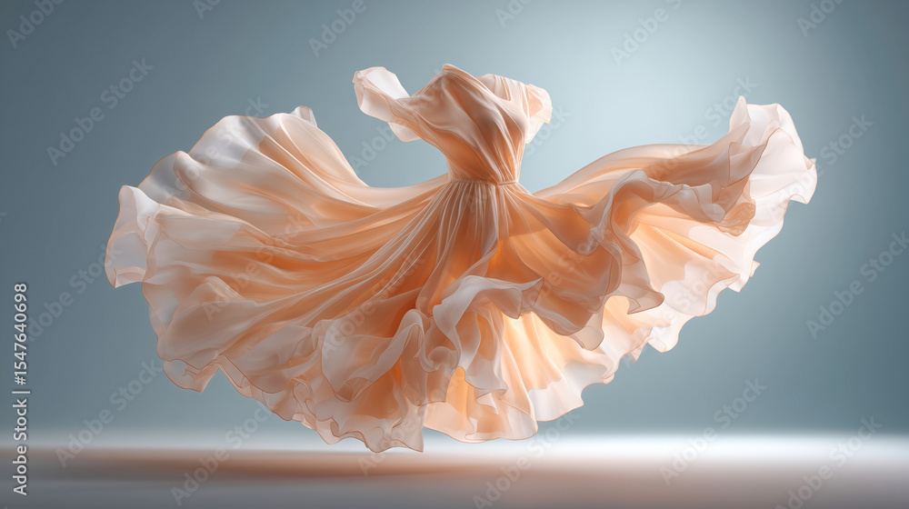 Poster Soft peach fabric swirls in the air, creating graceful drapery highlighted against a light background. The texture and flow capture a sense of elegance and artistic style in motion.